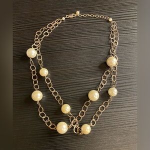 Vintage Double Strand Sterling Silver Chain FAUX Pearl Necklace 16”